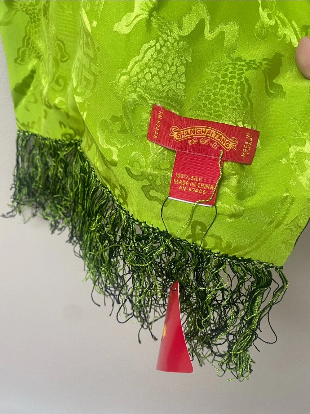 NWT Shanghai Tang Lime Green Black Reversible Silk Fringe Scarf